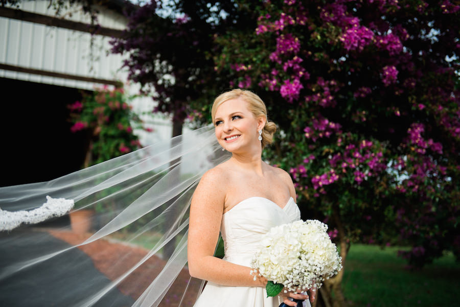 Bridal Wedding Portrait in White Galina by David’s Bridal Strapless Sweetheart Wedding Dress with Baby’s Breath and Hydrangea Bouquet | Michele Renee The Studio Wedding Makeup Artist | Tampa Wedding Photographer Kera Photography