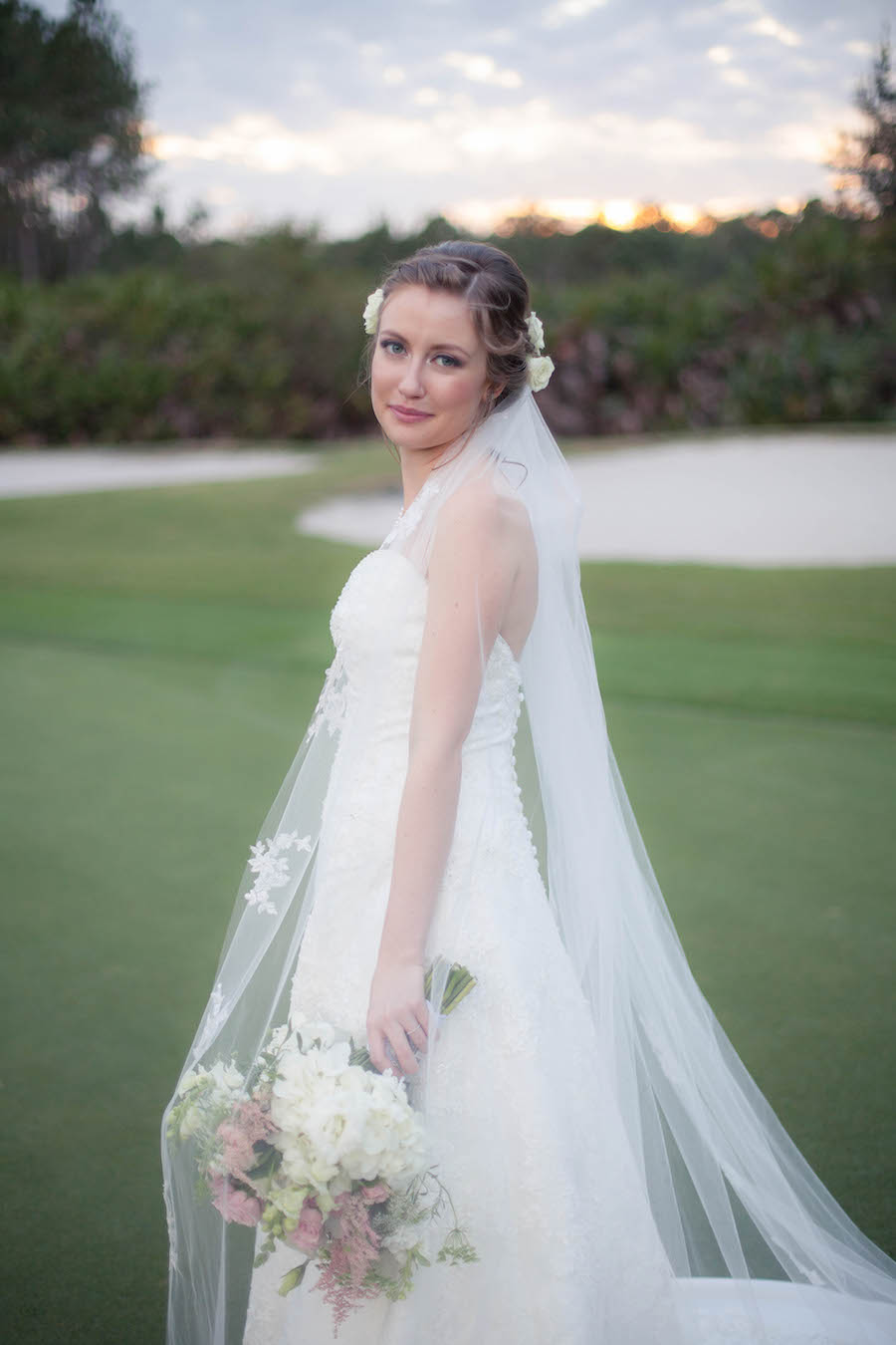 Bridal Wedding Portrait in Ivory Alfred Angelo Wedding Dress with Lace Overlay and Ivory and Pink Floral Wedding Bouquet with Roses and Hydrangeas | Tampa Wedding Floral Designer Northside Florist | Tampa Country Club Wedding Venue Hunter's Green Country Club