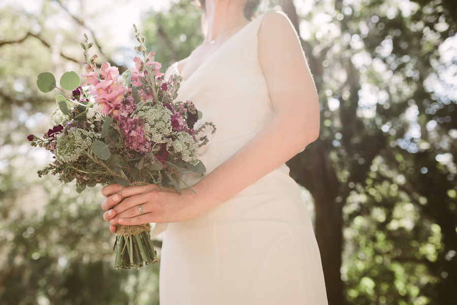 Outdoor, Odessa Bridal Wedding Portrait in Ivory Wedding Dress and Purple and Pink Floral Bouquet