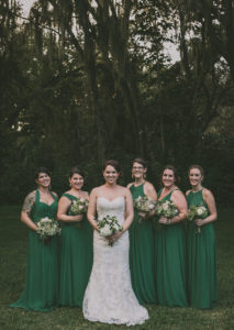 Outdoor, Bridal Party Portrait with Ivory, Lace Strapless Wedding Dress and Emerald Green Bridesmaids Dresses | Tampa Bridesmaids Dresses Bella Bridesmaid