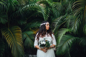 Tampa, Outdoor Bridal Wedding Portrait in Lace, Bohemian Style Wedding Dress | Isabel O'Neil Bridal Collection| Greenery and White Floral Bridal Bouquet | Tampa Wedding Florist Florist Fire