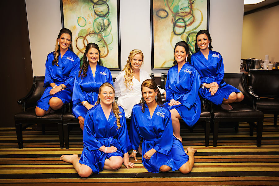 Bridal Party Getting Ready with Personalized Royal Blue Satin Bathrobes | Clearwater Wedding Photographer Limelight Photography