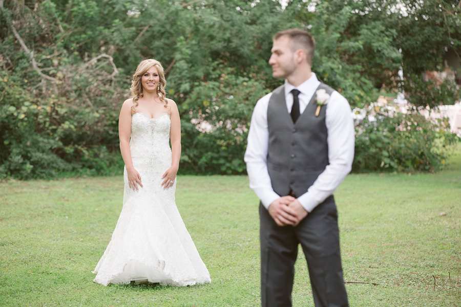 Florida Bride and Groom First Look Wedding Portrait | Allure Couture Ivory Lace Trumpet Wedding Dress