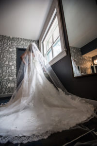 Bridal Portrait in Ivory, Lace, Strapless Wedding Dress and Chapel Length Lace Veil
