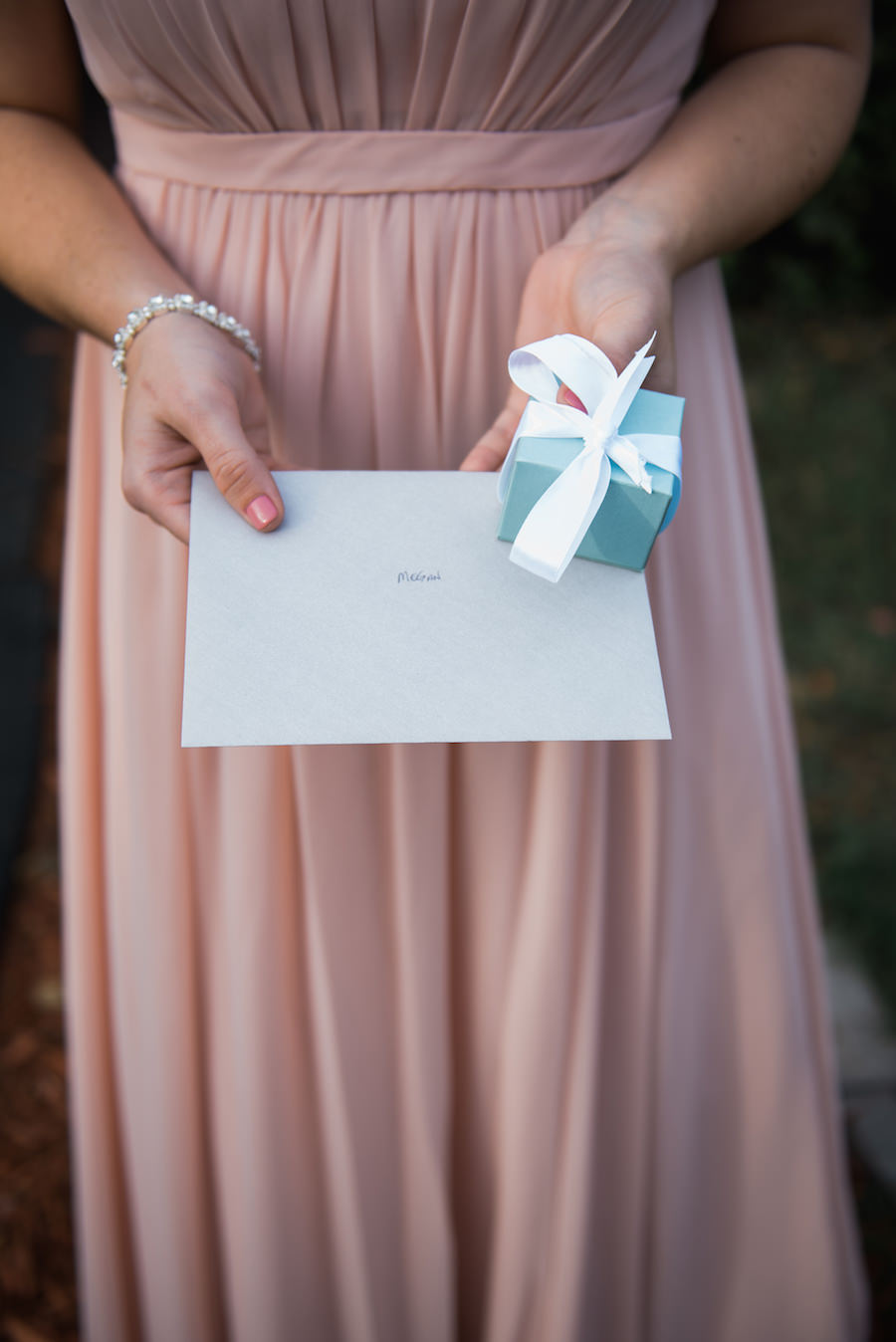 Blush Bridesmaid Adrianna Papell Gown Holding Tiffany's Jewelry Gift Box | Tampa Bay Wedding Photographer Kera Photography