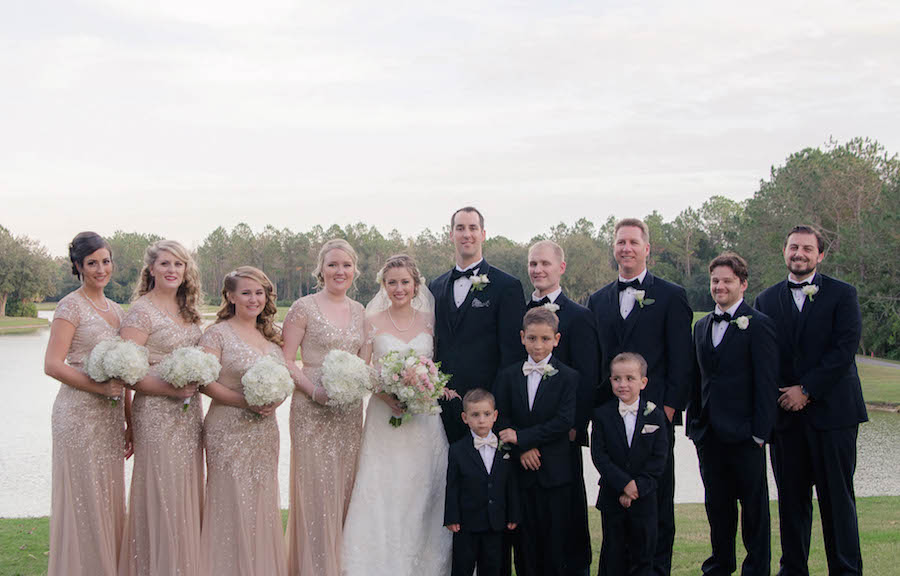 Bridal Party Wedding Portrait with Blush Pink Sequined Adrianna Papell Bridesmaid Dresses and Alfred Angelo Ivory, Lace Wedding Dress with Ivory and Pink Wedding Bouquets | Tampa Wedding Floral Designer Northside Florist