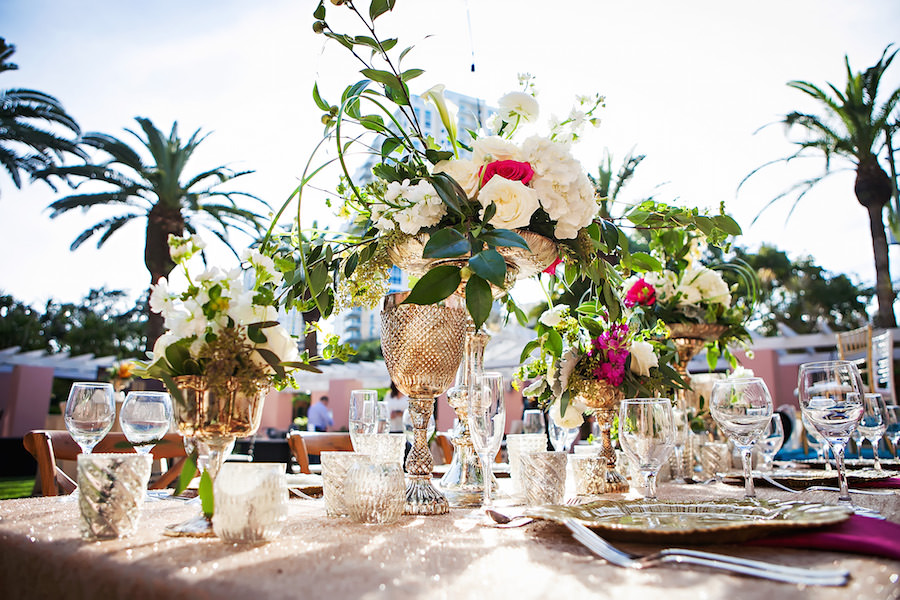 Garden Wedding Decor with White Centerpieces with Greenery in Gold Vases | St. Petersburg Wedding Florist Wonderland Floral Art