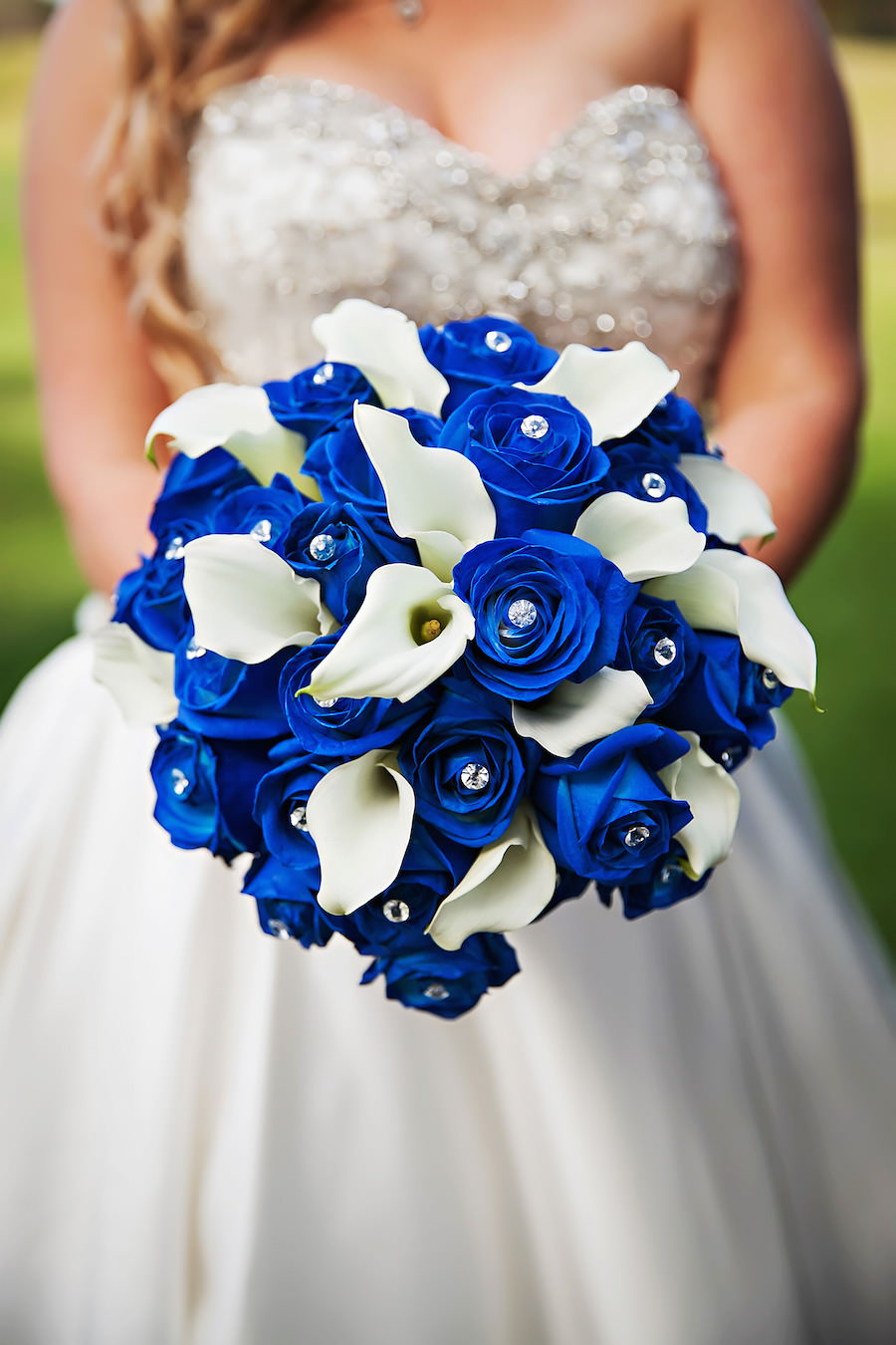 Strapless, Sweetheart Ivory Bridal Wedding Gown with Crystal Rhinestone Bodice and Royal Blue and Ivory Wedding Bouquet