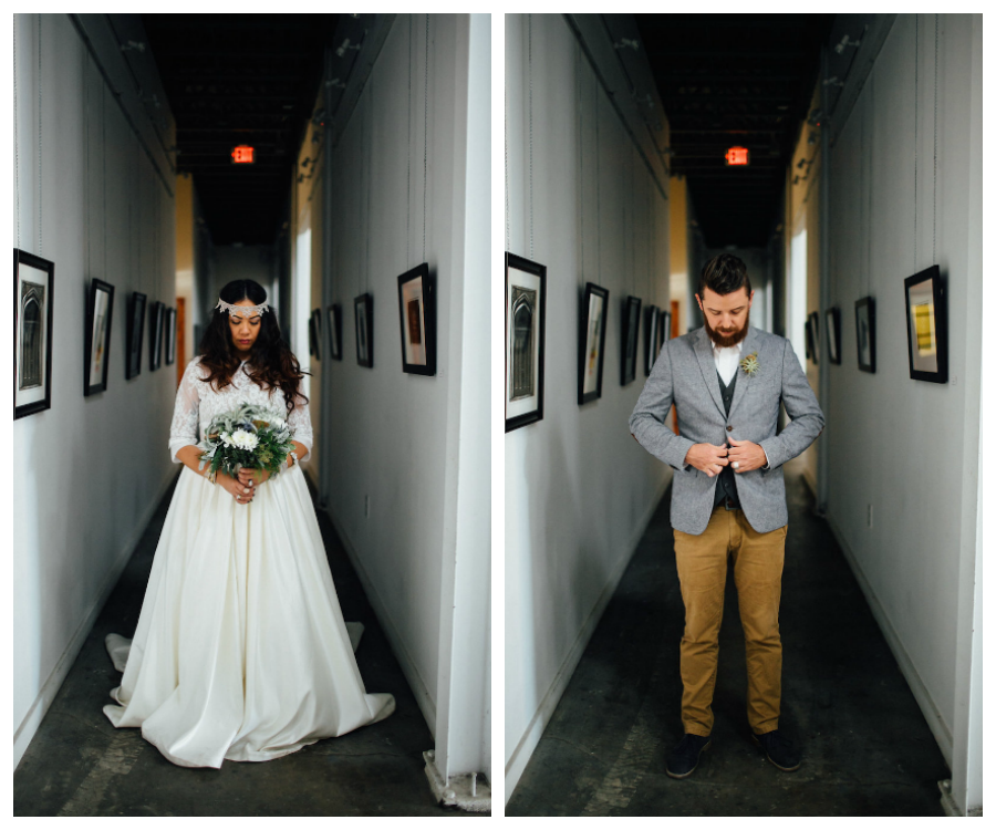 Tampa Bohemian-Nature Inspired Bride and Groom Wedding Portrait in Grey Suit and Lace, Wedding Dress and Headband | Isabel O'Neil Bridal Collection and Greenery Bridal Bouquet | Tampa Wedding Florist Florist Fire