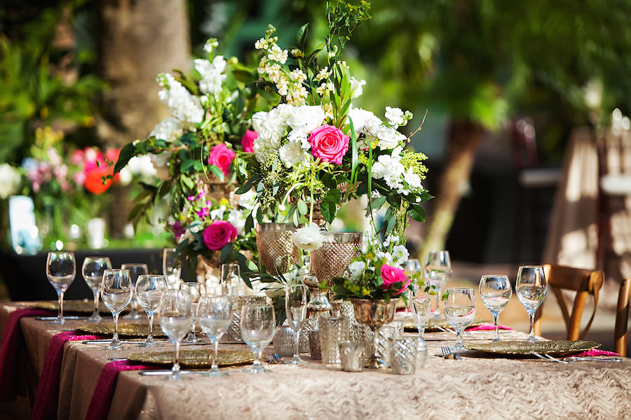 Garden Wedding Decor with White Centerpieces with Greenery in Gold Vases with Gold Textured Linens | St. Petersburg Wedding Florist Wonderland Floral Art and Over the Top Linen Rentals