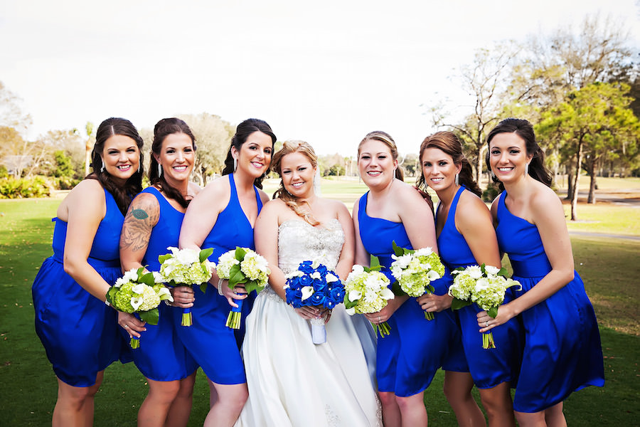 Bridal Party Wedding Portrait with Royal Blue David’s Bridal White by Vera Wang Bridesmaids Dresses and Ivory, Strapless Wedding Ball Gown | Clearwater Wedding Photographer Limelight Photography