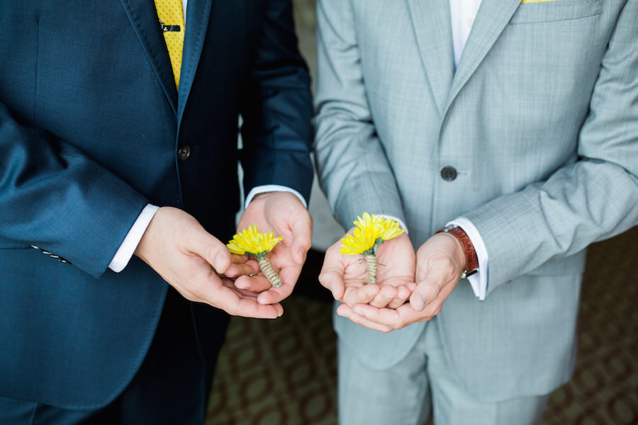Grey Linen Suit and Navy Linen Suit with Yellow Boutonniere with Rope Detail | Gay St Petersburg Florida Wedding