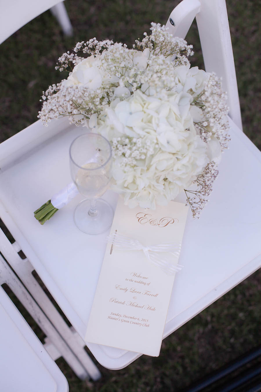 Ivory with Gold Lettering Wedding Ceremony Program with Ivory Hydrangea and Baby's Breath Wedding Bouquet | Tampa Wedding Floral Designer Northside Florist