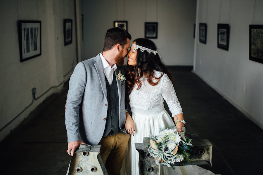 Tampa Bohemian-Nature Inspired Bride and Groom Wedding Portrait in Grey Suit and Lace, Wedding Dress and Headband | Isabel O'Neil Bridal Collection