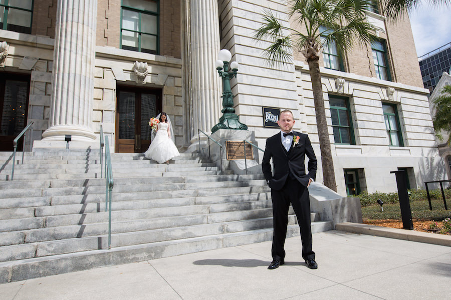 Bride and Groom Wedding Day First Look | Downtown Tampa Getting Ready Venue Le Meridien Hotel