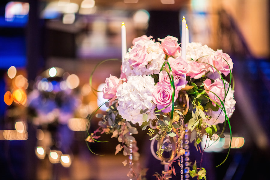 Elegant, Romantic Blush Pink and White Wedding Centerpiece with Taper Candles and Rhinestones | St. Petersburg Wedding Florist Apple Blossoms Floral Design