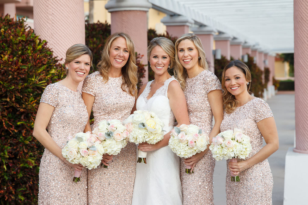Gold Sequin Nordstrom's Bridesmaids Dresses with Ivory and Blush Wedding Bouquet of Roses and Hydrangeas | Glamorous Bridal Wedding Hair and Makeup