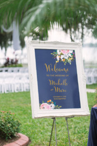 Navy Blue Outdoor, Wedding Ceremony Welcome Sign in Ornate White Frame | Bradenton Wedding Planner Special Moments