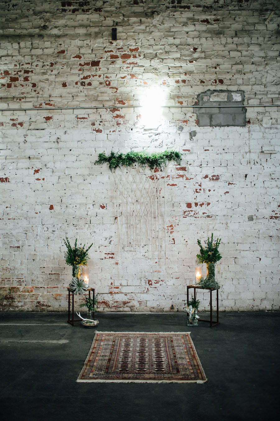 Indoor, Tampa Bohemian-Nature Inspired Wedding Ceremony with Oriental Rug and Greenery Accent Display Tables