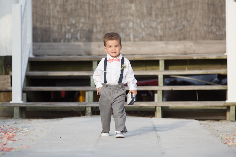Nautical Inspired Wedding Theme Ring Bearer Ideas | Pink Bowtie with Navy Suspenders