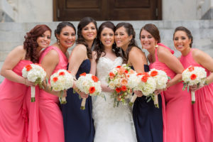 Bridal Party Portrait with Bride in Strapless Lace Wedding Gown and Bridesmaids in Pink and Blue Mis-Matched Bridesmaids Dresses with Ivory and Coral Rose and Hydrangena Wedding Bouquets