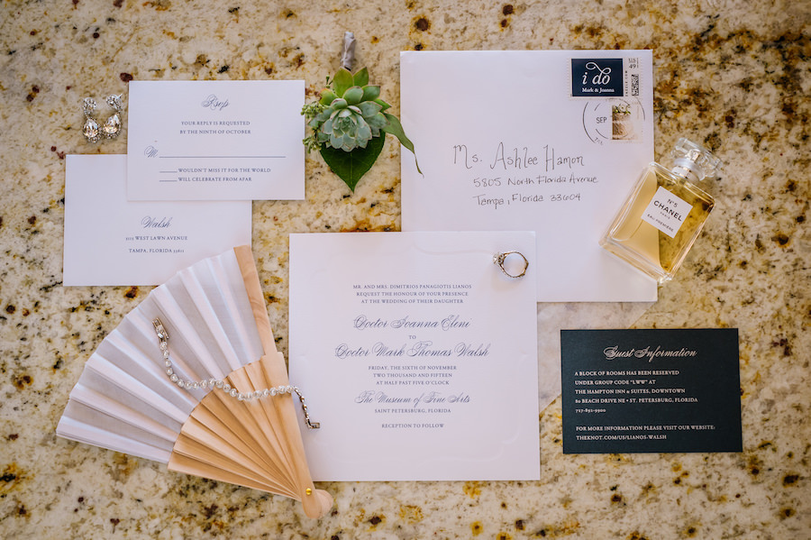 Elegant White and Navy Wedding Invitation Suite Details