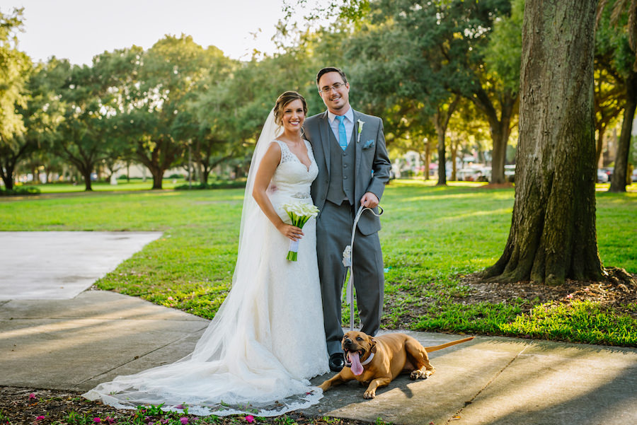 St. Petersburg Bride, Groom and Pet Dog Wedding Portrait with Calla Lily Wedding Bouquet and White Lace Augusta Jones Wedding Dress | Specialty Wedding Pet Sitting by FairyTail Pet Care