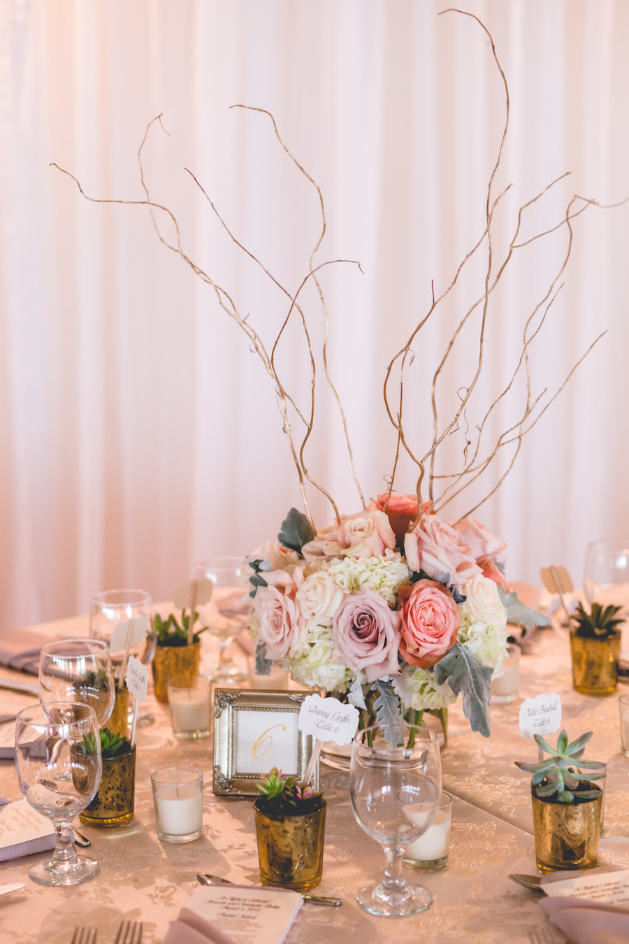 Wedding Reception Table Decor with Pink and Ivory Floral Centerpieces with Wooden Twig, Branch Accents and Small Succulents | St. Petersburg Wedding Planner Special Moments