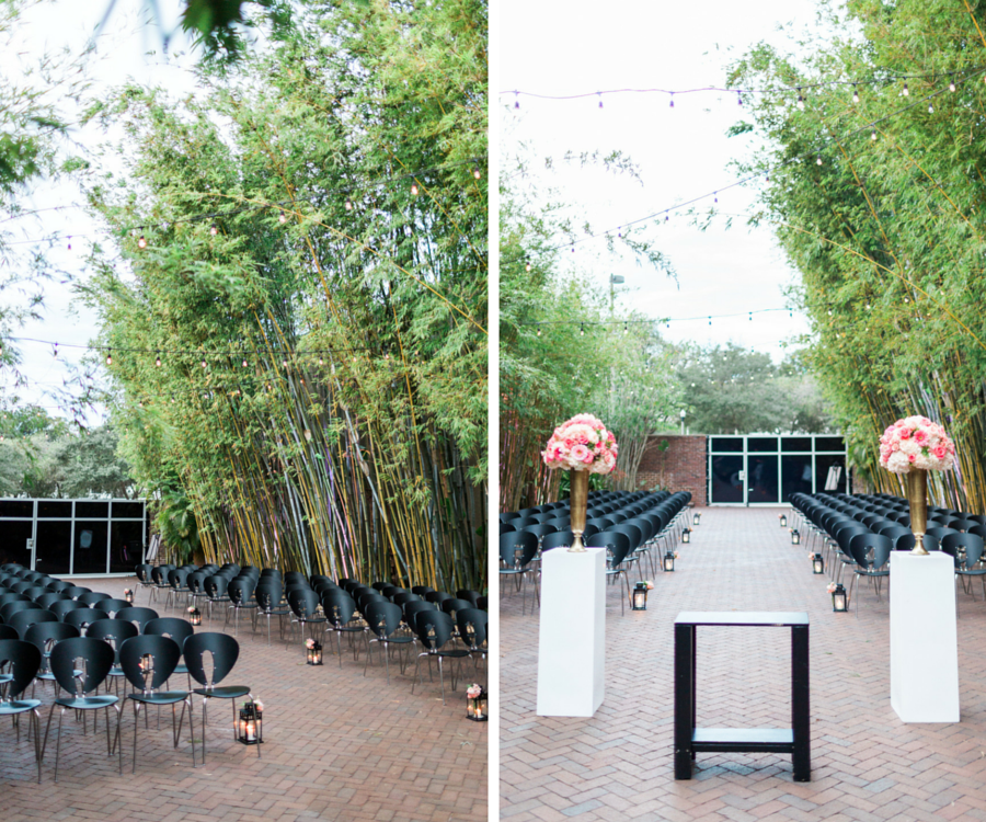 St. Petersburg Outdoor Wedding Ceremony with Black Chairs and Ivory and Coral Floral Centerpieces | St. Pete Wedding and Event Space NOVA 535