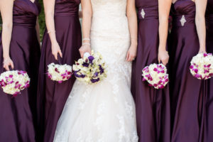 Tampa Bride and Bridesmaids Wedding Portrait with Purple, Pink, and White Floral Wedding Bouquet of FlowersOutdoor, Tampa Wedding Portrait, Bride Spinning in Wedding Dress|Tampa Wedding Photographer Caroline & Evan Photography