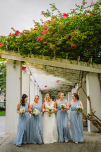 Sky Blue Chiffon Bridesmaids Dresses with White Wedding Bouquets of Rose and Hydrangea with White Augusta Jones Wedding Gown and Calla Lily Wedding Bouquet | St. Petersburg Wedding Planner Kimberly Hensley Events