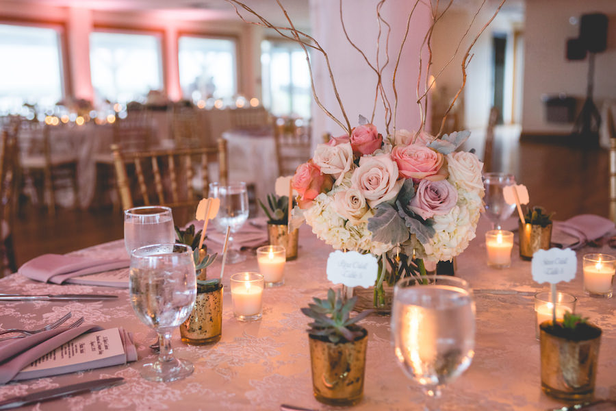 Wedding Reception Table Decor with Pink and Ivory Floral Table Centerpieces and Succulents | St. Petersburg Wedding Planner Special Moments | Chair Rentals Signature Event Rentals