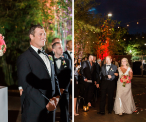 Outdoor, Nighttime Wedding Ceremony, Bride and Dad Walking Down Aisle, Groom Seeing Bride Walk Down the Aisle | St. Pete Wedding and Event Space NOVA 535