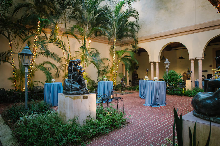 Outdoor Garden Cocktail Hour with Blue Linens | Downtown St. Pete Wedding Venue Museum of Fine Arts