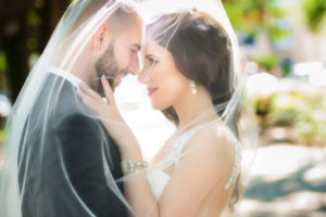 Outdoor, Bride and Groom Wedding Portrait in Lace White Wedding Dress Under Veil