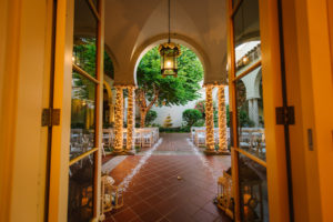 Outdoor Wedding Ceremony with White Flower Petal Lined Aisle and Twinkle Lights | St Petersburg Wedding Planner Kimberly Hensley Events at St. Pete Wedding Venue The Museum of Fine Art