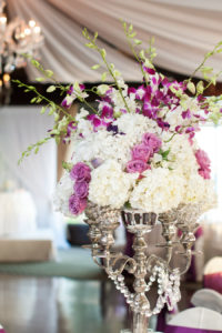 Tampa Wedding Reception Table Decor with Purple and White Floral Centerpieces with Candelabra