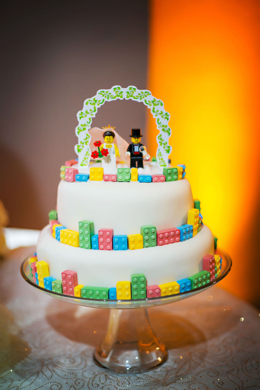 Two Tiered, Round White Lego Inspired Wedding Cake with Lego Bride and Groom Caketopper