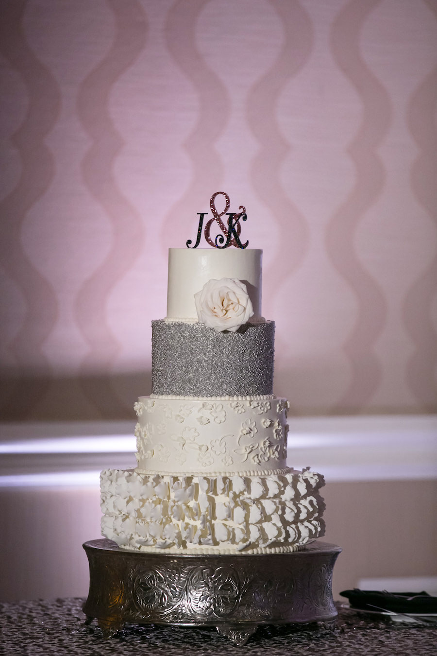 Four Tier Round White, Sparkly Wedding Cake with Silver Glitter and Floral Detail for New Year’s Eve Wedding | Black, Blush Pink, Silver Wedding Ideas | St. Petersburg Wedding Photographer Carrie Wildes Photography | Cake by Downtown St. Pete Vinoy Renaissance