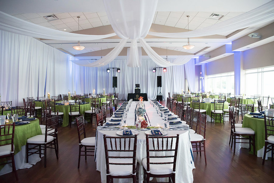 Lime Green and Navy Blue Wedding Reception with Draping and Wood Chiavari Chairs | St. Pete Beach Rec Community Center Wedding Venue