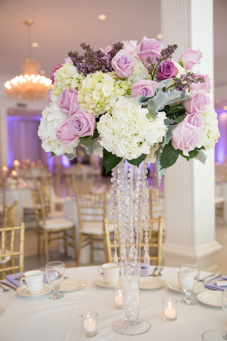 Elegant, Romantic Purple, Ivory, Lilac and White Rose and Hydrangea Floral Centerpieces with Dripping Rhinestone Crystals at Wedding Reception | Clearwater Wedding Planner Blush by Brandee Gaar