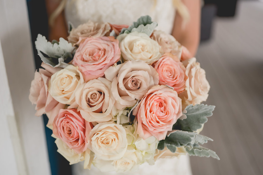 Bridal Wedding Bouquet with Pink and Ivory Roses and Greenery