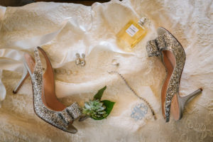 Kate Spade New York 'Charm' Slingback Pump Glitter Wedding Shoes with Bridal Jewelry and Chanel Perfume Getting Ready Details