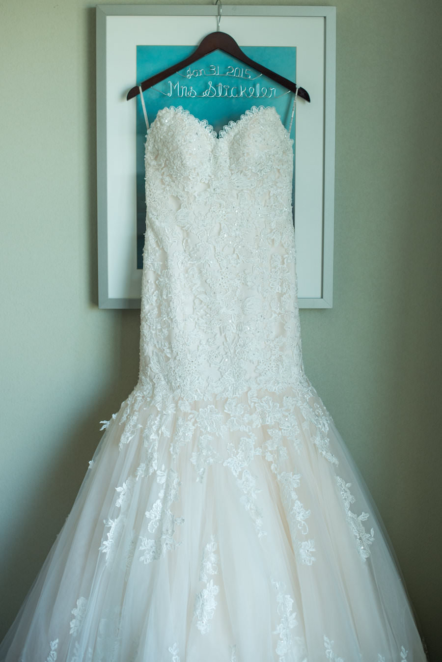 Ivory, Beaded Lace Strapless Wedding Dress on Customized Wedding Hanger