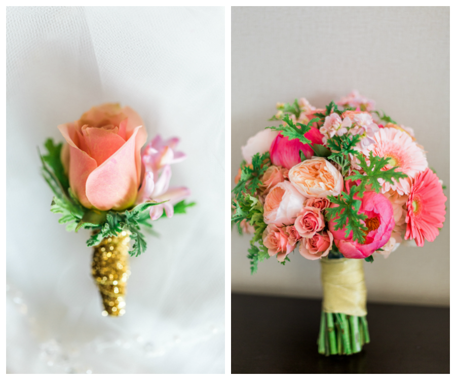 Bright Coral and Pink Bridal Wedding Bouquet with Daisies Hydrangeas and Roses and Peach Rose Boutonniere Wrapped with Gold Accent Ribbon