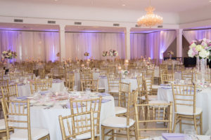 Romantic, Elegant Wedding Reception Decor with Gold Chiavari Chairs and Purple and Ivory Floral Centerpieces |Clearwater Wedding Planner Blush by Brandee Gaar