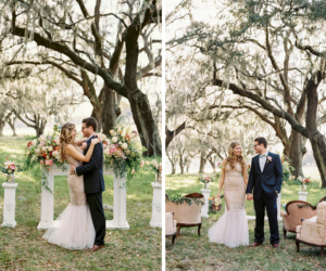 Bride and Groom Outdoor Tampa Wedding Portrait under Oak Trees