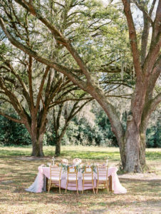 Outdoor Tampa Wedding Reception Seating Under Live Oak Trees with Pink Draped Tablecloth and Gold Chiavari Chairs | Tampa Wedding Rental Chairs by Signature Event Rentals