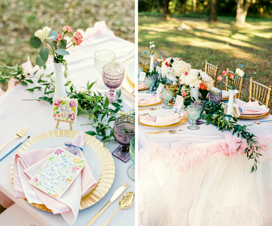 Wedding Reception Place Setting and Feasting Table with Long Floral Garland of Greenery with Gold Charger and Gold Silverware with Watercolor Menu Card with PersonalIzed Cookie Favor with Name Card and Hydrangea Floral Decor | Tampa Wedding Rentals by Ever After Vintage Rentals