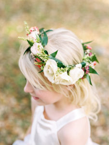 Wedding Flower Girl Floral Crown of Roses and Greenery with Loose Curls